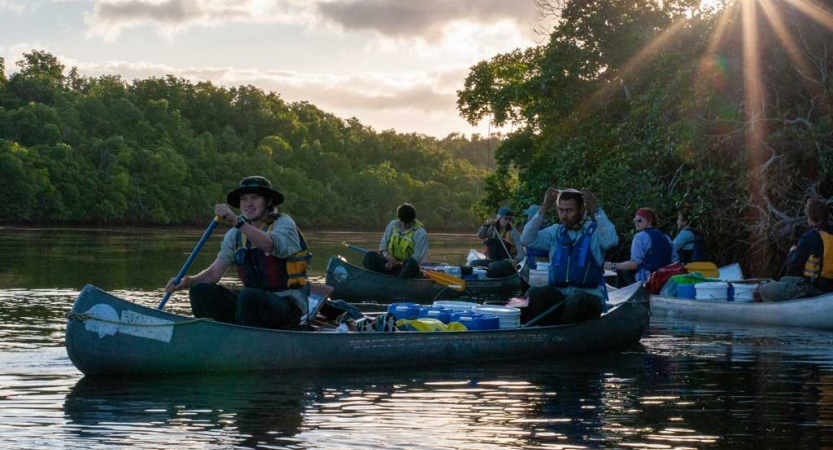 Canoes are paddled by two people each on a calm river framed by trees. 